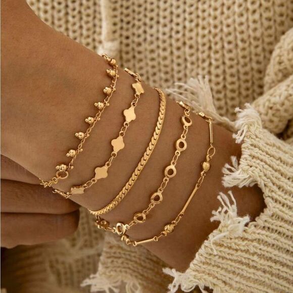 Gold 5pc Clover Chain Bracelet Set - Picture 1 of 2